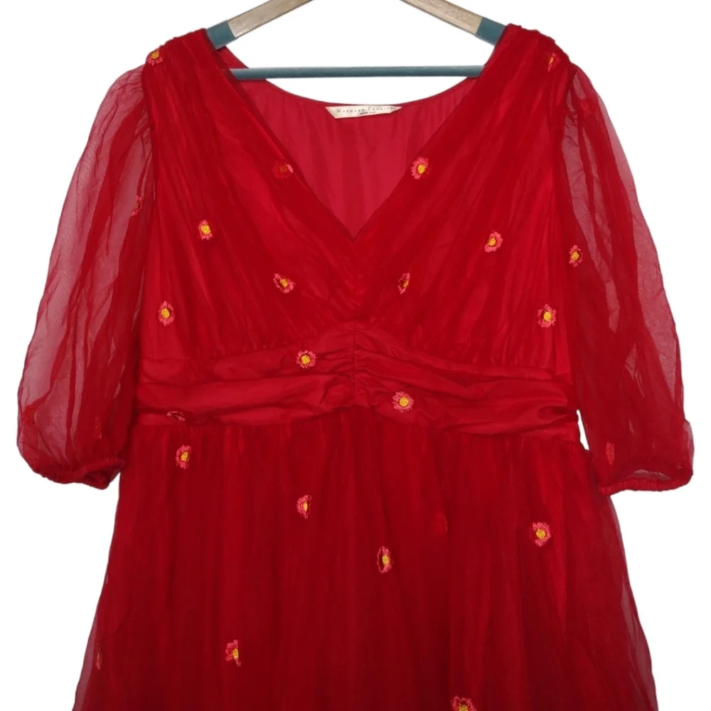 Eshakti Wayward Fancies Floral Embroidery Mesh Ruched Empire Dress